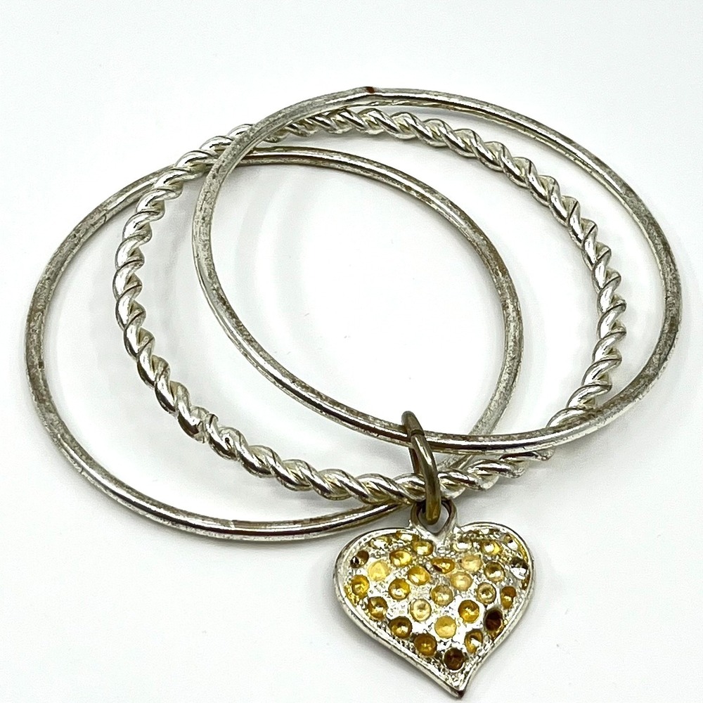Vintage Silver Tone‎ Stacking Bangle Set Heart Charm Yellow Stones Classic Slide